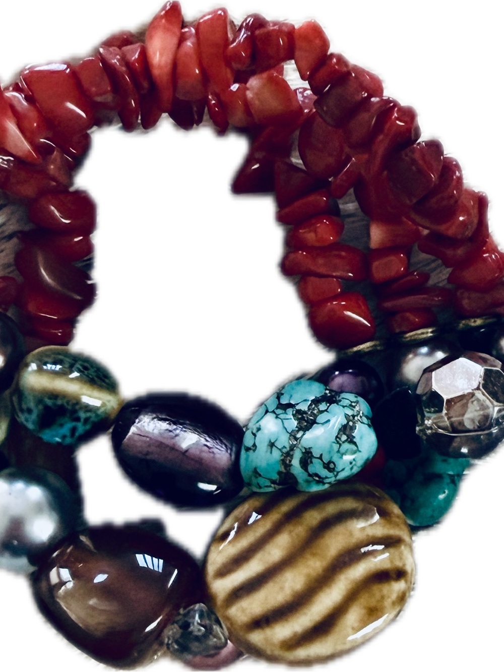 Hand crafted Multicolor Beaded stretch bracelet with Turquoise and Coral stones. - Picture 3 of 8